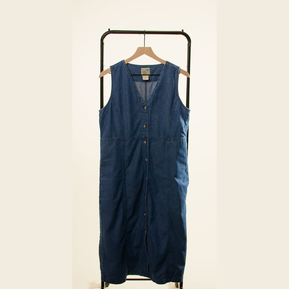 TravelSmith Women’s Petite 10P Denim Button Front Maxi Dress Sleeveless Blue